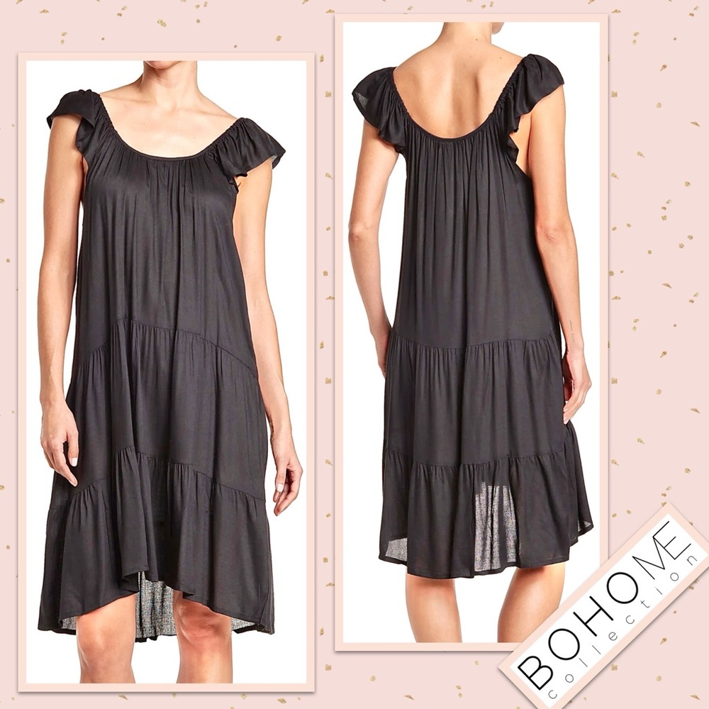 Boho Me Tiered Off-the-Shoulder Breezy Beach Mini Dress & Coverup (Black)